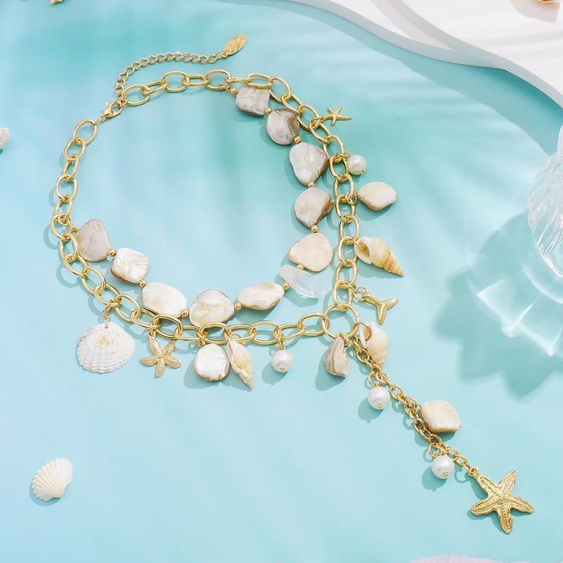 Bocar قلادة تشوكر ببيان من قوقعة البحر للنساء، قلادة شاطئية سميكة من قواقع المياه العذبة ونجمة البحر وخرز اللؤلؤ - Image 3